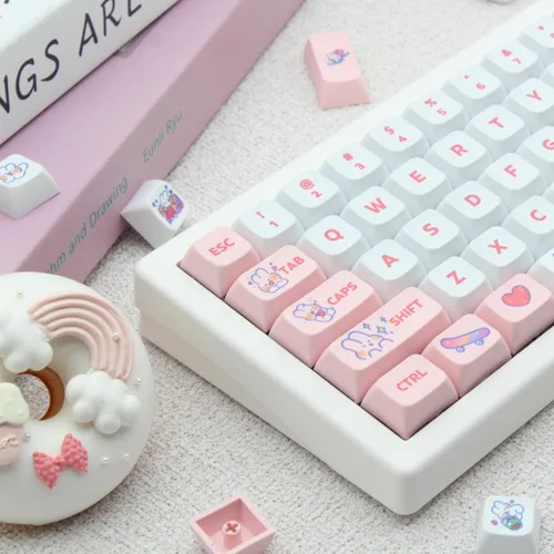 Vista 2 de Animal Rabbit - Lindas teclas de conejo personalizadas para teclado mecánico, 130 teclas de sublimación de tinte PBT (conejo rosa)