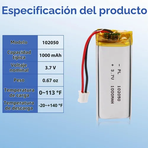 Vista 4 de Batería Lipo de 3.7V 1000mAh 102050 Batería recargable de polímero de litio con conector JST PH2.0.000 in para altavoz Bluetooth, GPS, reloj