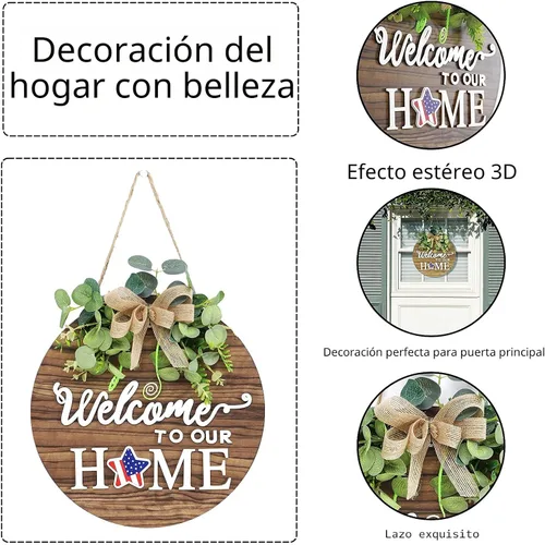 Vista 2 de Letrero de bienvenida de temporada intercambiable, decoración de puerta delantera, coronas de madera redondas rústicas para colgar en la pared, al