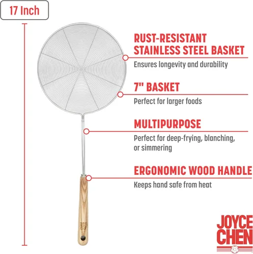 Vista 13 de Joyce Chen Kitchen Spider Strainer - Cesta de alambre de acero inoxidable de 7 pulgadas con mango de bambú resistente al calor