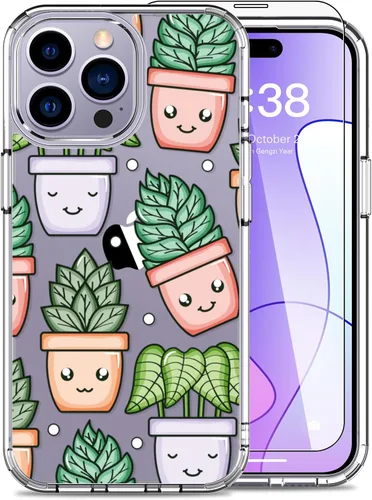 Vista 12 de LUHOURI Funda para iPhone 15 Pro con protector de pantalla, acrílico transparente Funda protectora de carga inalámbrica, ajuste delgado, diseños