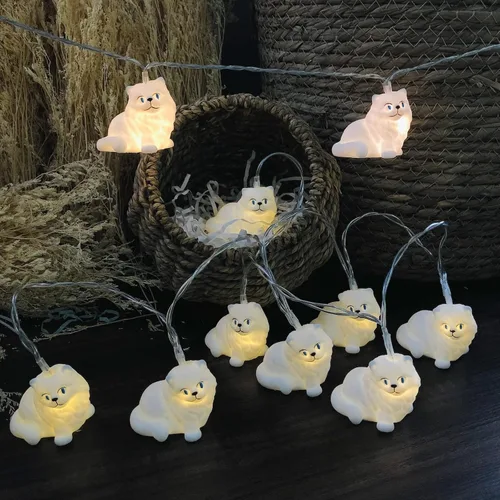 Vista 11 de Guirnalda de luces blancas de gato persa alimentadas por USB, lindo adorno de animales, luces LED de hadas para fiesta de Halloween, dormitorio Gato