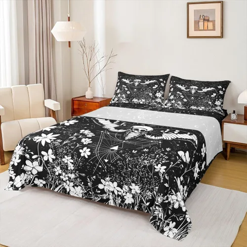 Vista 20 de Erosebridal Juego de sábanas tamaño individual con estampado de luna, diseño de flores de loto, color morado degradado, juego de sábanas orientales