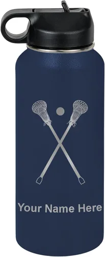 Vista 56 de LaserGram Botella de agua personalizada, palitos de lacrosse, acero inoxidable de doble pared aislada al vacío con popote superior, regalo grabado