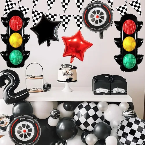 Vista 5 de Globos de carreras para decoración de fiesta de cumpleaños, globos de semáforo de 32 pulgadas, pancarta a cuadros, globos de neumáticos