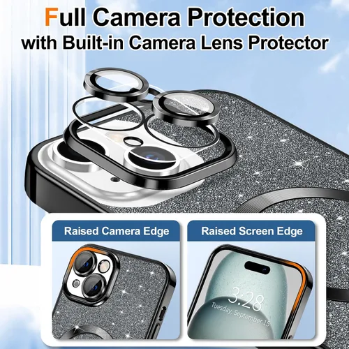 Vista 3 de Hython Funda para iPhone 15 Plus con purpurina, fundas magnéticas transparentes para teléfono con protector de lente de cámara
