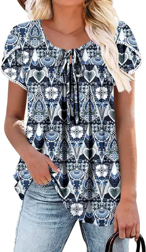 Vista 38 de BETTE BOUTIK Blusas de verano para mujer, plisadas, de manga corta, con cordón, cuello redondo, tallas S-3XL