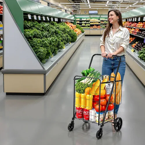 Vista 8 de VEVOR Carrito de compras plegable, carrito de comestibles jumbo con cestas dobles, ruedas giratorias de 360°, carrito utilitario resistente, carrito