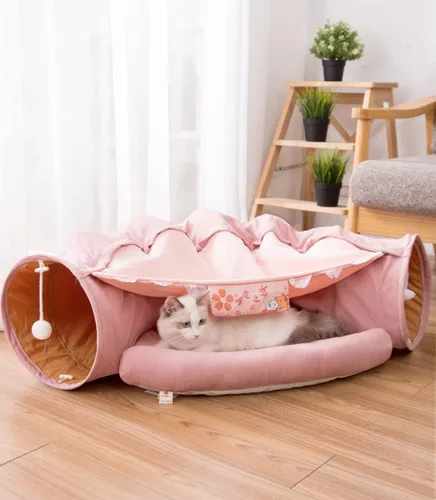 Vista 4 de Tubo de cama de túnel para gatos 2 en 1 con cojín y bola de felpa, parque infantil plegable para gatos grandes, gatitos, cachorros, perros pequeños
