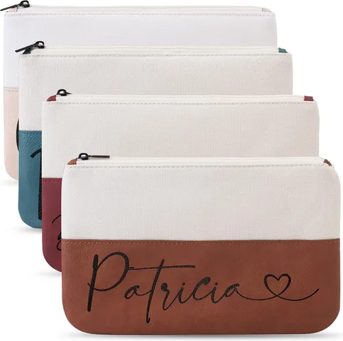 Vista 7 de Bolsa de maquillaje personalizada con nombre - Cuero vegano y lona, Borgoña