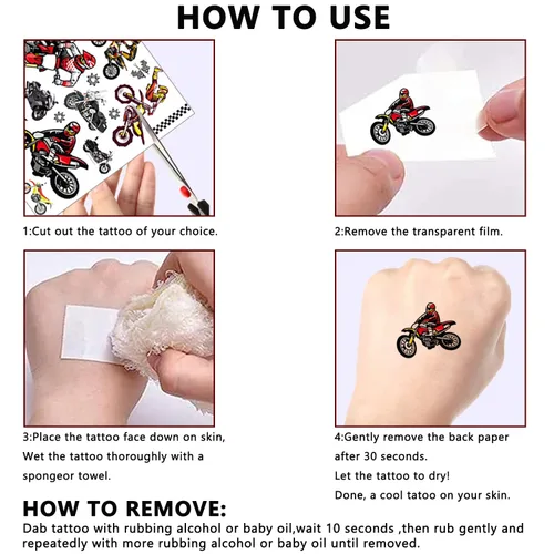 Vista 6 de 8 hojas de calcomanías temporales de tatuajes para motocross, suministros de fiesta de cumpleaños de motocross, decoraciones de fiesta