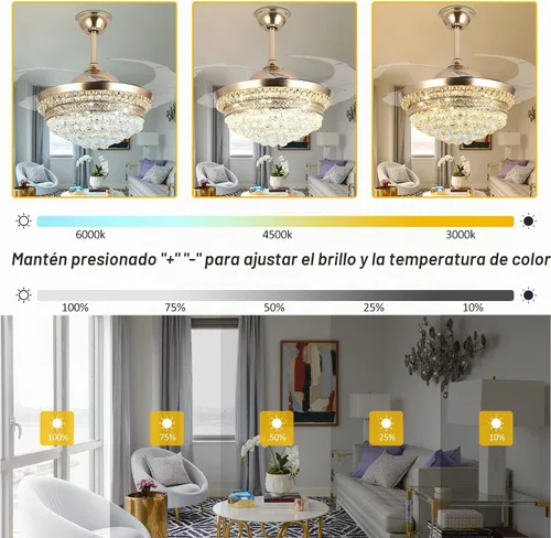 Vista 3 de Lámpara de techo invisible de 42 pulgadas con luz, ventilador de techo de cristal moderno, control remoto, 4 aspas retráctiles de ABS para Dorado