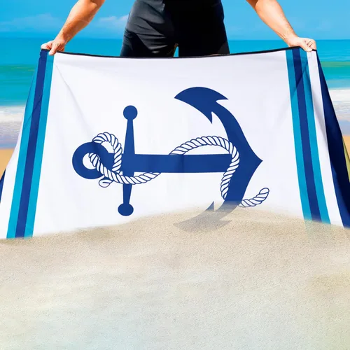 Vista 4 de Nautical Anchor - Toalla de playa extra grande, diseño de rayas blancas y azules, de secado rápido, absorbente, sin arena, suave, ligera, accesorios