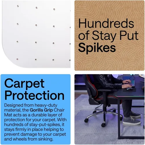 Vista 3 de GORILLA GRIP Tapete antideslizante para silla de oficina para suelos de alfombra, protector de suelo alfombrado suave debajo del escritorio, tapetes