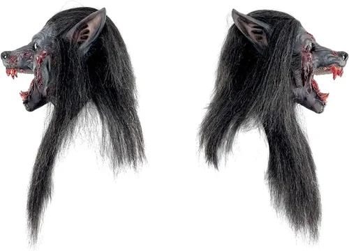 Vista 8 de Ghoulish Productions Máscara de lobo negro. Máscara de látex de lobo negro, máscara de lobo gruñido, máscara de criatura hombre lobo con piel negra.