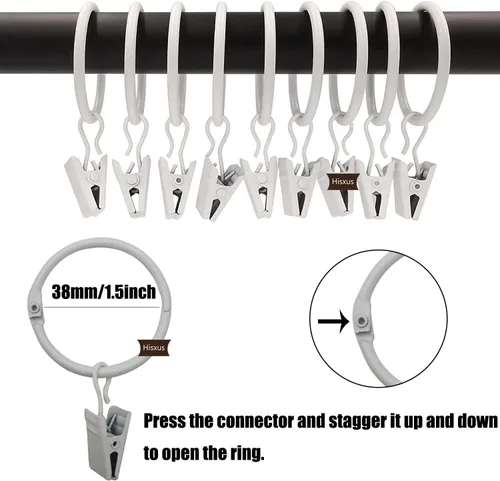 Vista 4 de 35 clips de cortina que se abren con anillos blancos de 1.5 pulgadas, clip decorativo de metal fuerte para cortina, a prueba de óxido, anillos