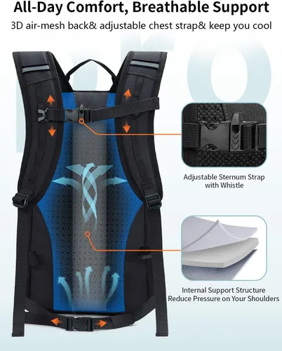 Vista 4 de ECOHUB Mochila pequeña de senderismo para hombres y mujeres, mochilas de viaje ligeras de 20 litros, resistentes al agua, para acampar, ciclismo