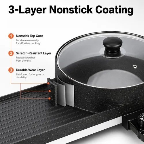 Vista 5 de SEAAN Olla caliente con parrilla, parrilla eléctrica para interiores, Shabu Shabu Shabu Pot coreana sin humo, doble temperatura contral, capacidad