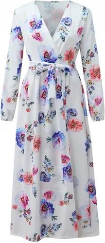 Vista 6 de Vestido de verano para mujer, para playa, con estampado floral, cuello en V, manga larga, vintage, con cinturón