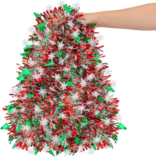 Vista 8 de Guirnalda de Oropel de Navidad de 33 Pies, Guirnalda de Oropel Metálico Trenzado Rojo Verde con Ornamentos de Bayas y Hojas, Decoración Colgante