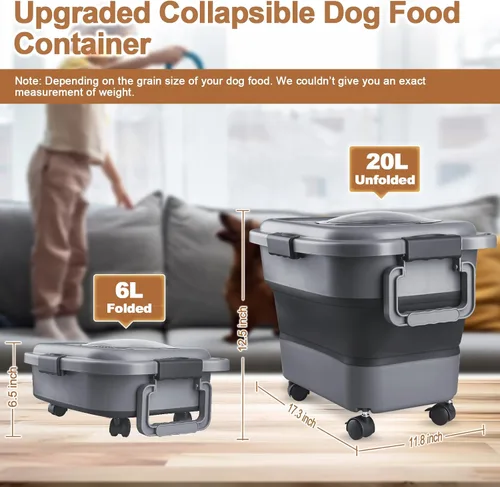 Vista 2 de Contenedor de almacenamiento de alimentos para perros, 10 a 20 libras, hermético, plegable, con ruedas acoplables, asa portátil, cuchara de comida