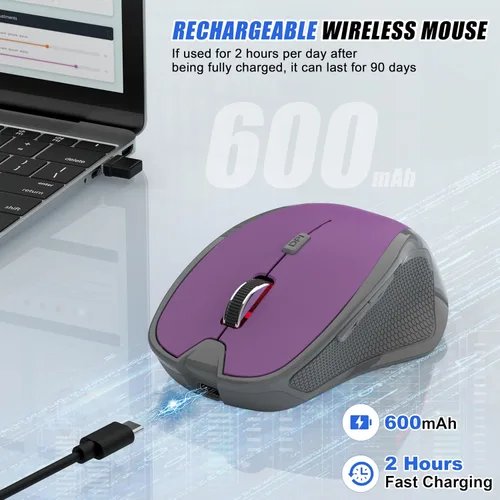 Vista 6 de Ratón inalámbrico Jiggler – Ratones ergonómicos Bluetooth con motor de mouse para mantener las computadoras despiertas, 3 niveles de DPI recargables