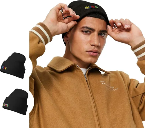 Vista 3 de Gorros bordados de gamer negros divertidos para niños y niñas, para invierno, cálidos, elásticos, de punto, con puños, bordados y calaveras