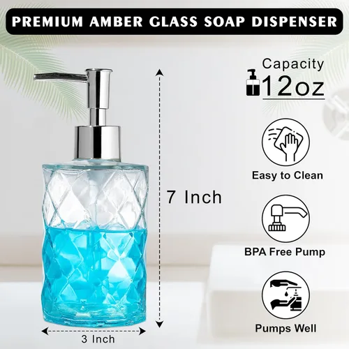 Vista 4 de Dispensador de jabón de vidrio de 12 onzas para cocina, dispensador de jabón de manos para baño con bomba a prueba de óxido, dispensador de loción