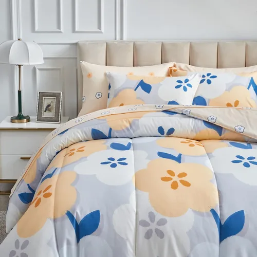Vista 9 de UOZZI BEDDING Juego de edredón reversible de 6 piezas para niños de microfibra suave con flores grises y naranjas