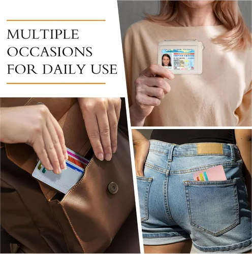 Vista 6 de Billeteras pequeñas para mujer, tarjetero de cuero con bloqueo RFID, cartera delgada y minimalista con bolsillo frontal para tarjetas, Beige, Delgado
