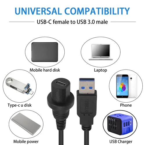 Vista 3 de Duttek Cable USB tipo C a USB3.0 impermeable para panel de carga, USB 3.0 hembra a tipo C 3.0 hembra para montaje en automóvil, tablero