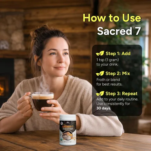 Vista 6 de Naturealm Suplemento en polvo de hongos orgánicos Sacred 7 Suministro para 60 días Mezcla 7 en 1 con melena de león, Reishi, Chaga Apoyo