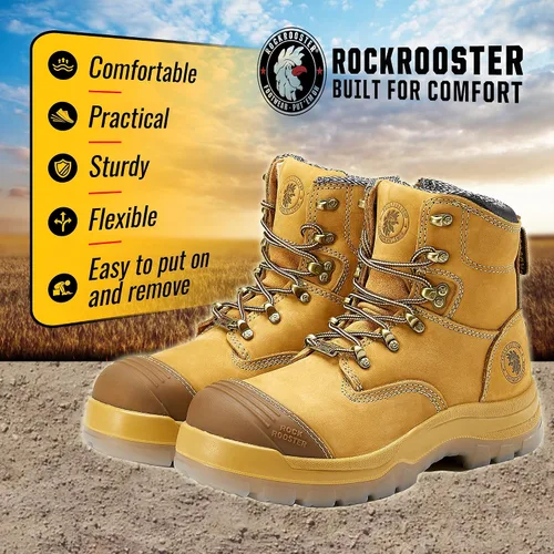 Vista 7 de ROCKROOSTER Botas de trabajo para hombre, 7 pulgadas, punta de acero, cremallera lateral, zapatos de cuero aceitado de seguridad antideslizantes