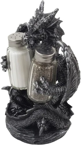 Vista 2 de Home-n-Gifts - Juego de salero y pimentero de dragón mítico con figura de soporte para decoración medieval y de fantasía o mesa de cocina