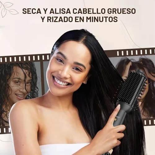 Vista 3 de Plancha plana de 110-120 V con cepillo calentado para alisar el cabello, secador de cepillo de soplado de un solo paso para cabello negro, cepillo