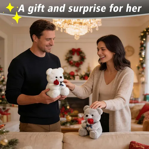 Vista 5 de HWD Oso de peluche de 9.8 pulgadas con rosa, muñeca de felpa suave, juguetes de peluche, regalos para ella/novia, amante, mamá, niños pequeños (gris)