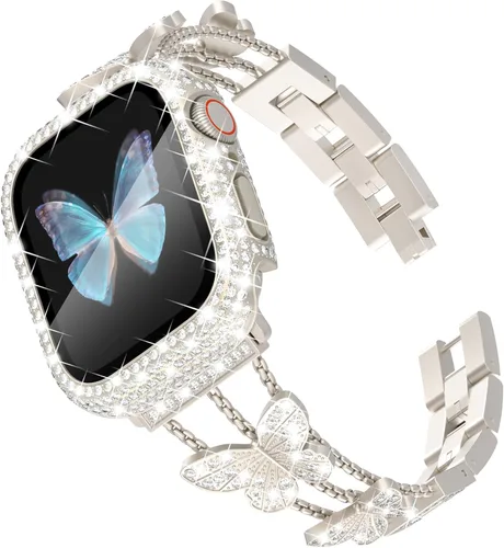 Vista 13 de Correa Bling y Funda WINGLE para Apple Watch para Mujeres 40mm SE 3/2/1 Series 6 5 4, Correa de Brazalete de Metal con Diamantes de Imitación