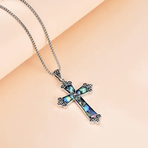 Vista 4 de CaravacaAbalone shellLord's Prayer HandsCeltic Knot Cross Pendant Necklace Religious Christian Jewelry Gifts Gothic Catholic Christian Costume Cross