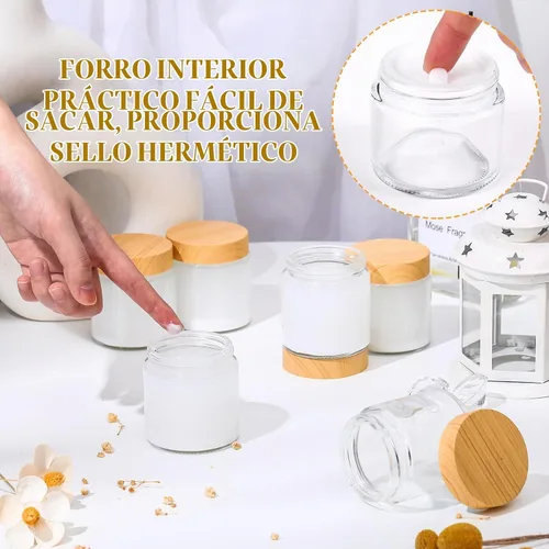 Vista 6 de Norme 120 tarros de vidrio de 4 onzas con tapas, recipientes de vidrio vacíos con tapas de grano de madera y revestimientos interiores