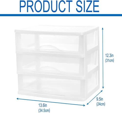 Vista 3 de BYCY Almacenamiento apilable de plástico con 3 cajones, organizador de maquillaje de baño blanco con cajones anchos transparentes, organizador