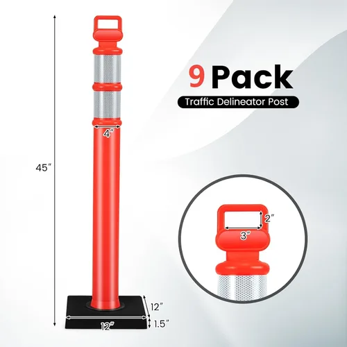 Vista 5 de Goplus Poste delineador con base, paquete de 9 postes de delineador de tráfico de 45 pulgadas con base de goma pesada de 9 libras, bandas