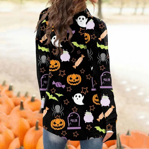 Vista 3 de Disfraces de Halloween para mujer, cárdigan de punto con estampado de calabaza, otoño, manga larga, suéteres de talla grande, abrigo para exteriores