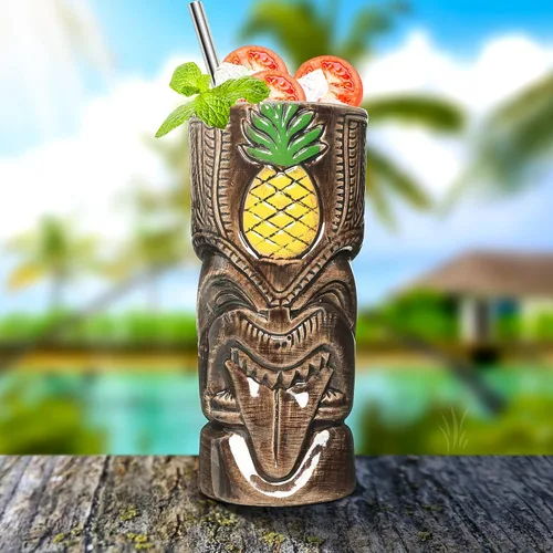 Vista 3 de SuproBarware Tiki - Juego de 8 tazas de cerámica hawaiana para fiestas, tazas de bar Tiki para cócteles, tazas tropicales prémium para fiestas