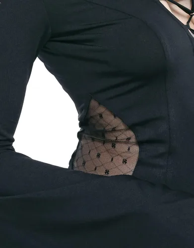 Vista 9 de MEOWCOS - Vestido largo gótico, estilo vintage, cuello en V profundo, abertura lateral, manga larga