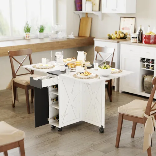 Vista 3 de 3imothrix Mesa de comedor plegable, mesa de comedor con cajón y almacenamiento y estantes, mesa de comedor que ahorra espacio con 6 ruedas, mesa