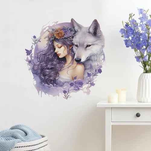 Vista 2 de Calcomanías de pared de niña lobo púrpura vívida, calcomanías creativas de pared de arte frío de belleza fría, vinilo extraíble para despegar