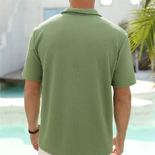 Vista 4 de Camisas polo casuales a rayas para hombre Moda atlética elástica cuello con cremallera manga corta ajustada