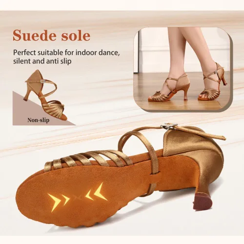 Vista 2 de Zapatos de baile latino de satén con punta abierta y tacón de 3 Beige