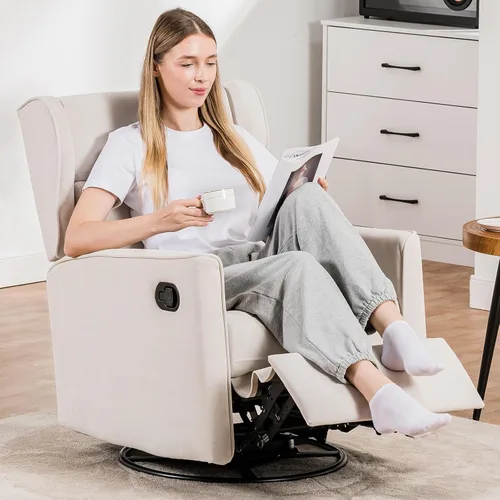 Vista 2 de COMHOMA - Silla mecedora tapizada en tela para cuarto de bebé, giratoria, reclinable, manual, para sala de estar, dormitorio u oficinas (marfil)