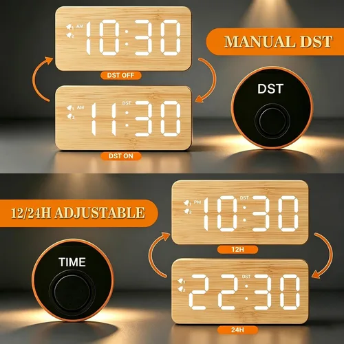 Vista 8 de URAYCO Reloj despertador digital de madera con cargador inalámbrico rápido de 10W, puertos de carga USB, DST, atenuable, modo repetición, pantalla